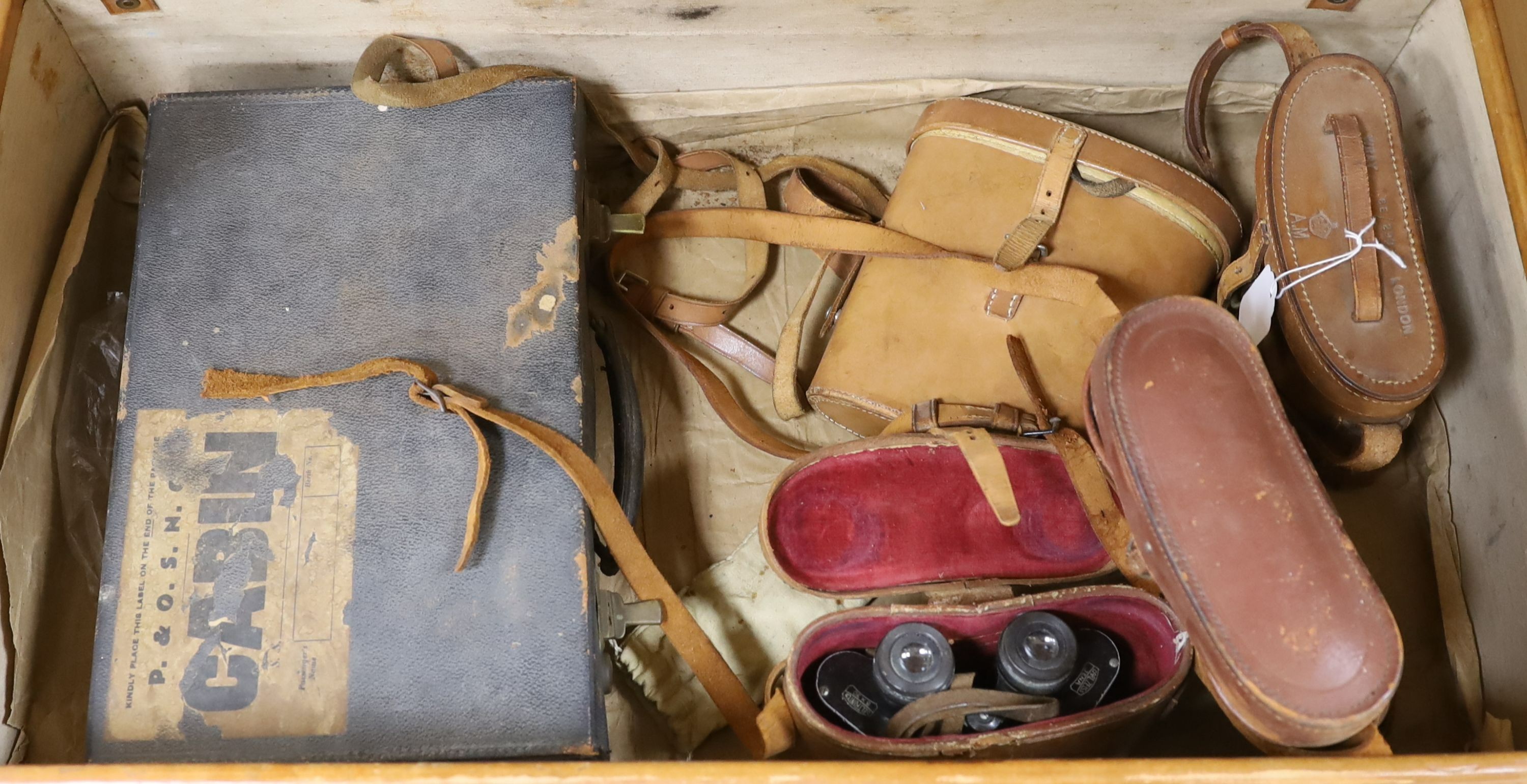 Mixed 20th century binoculars to include Kershaw, Carl Zeiss Jena examples (4) in a stitched leather suitcase